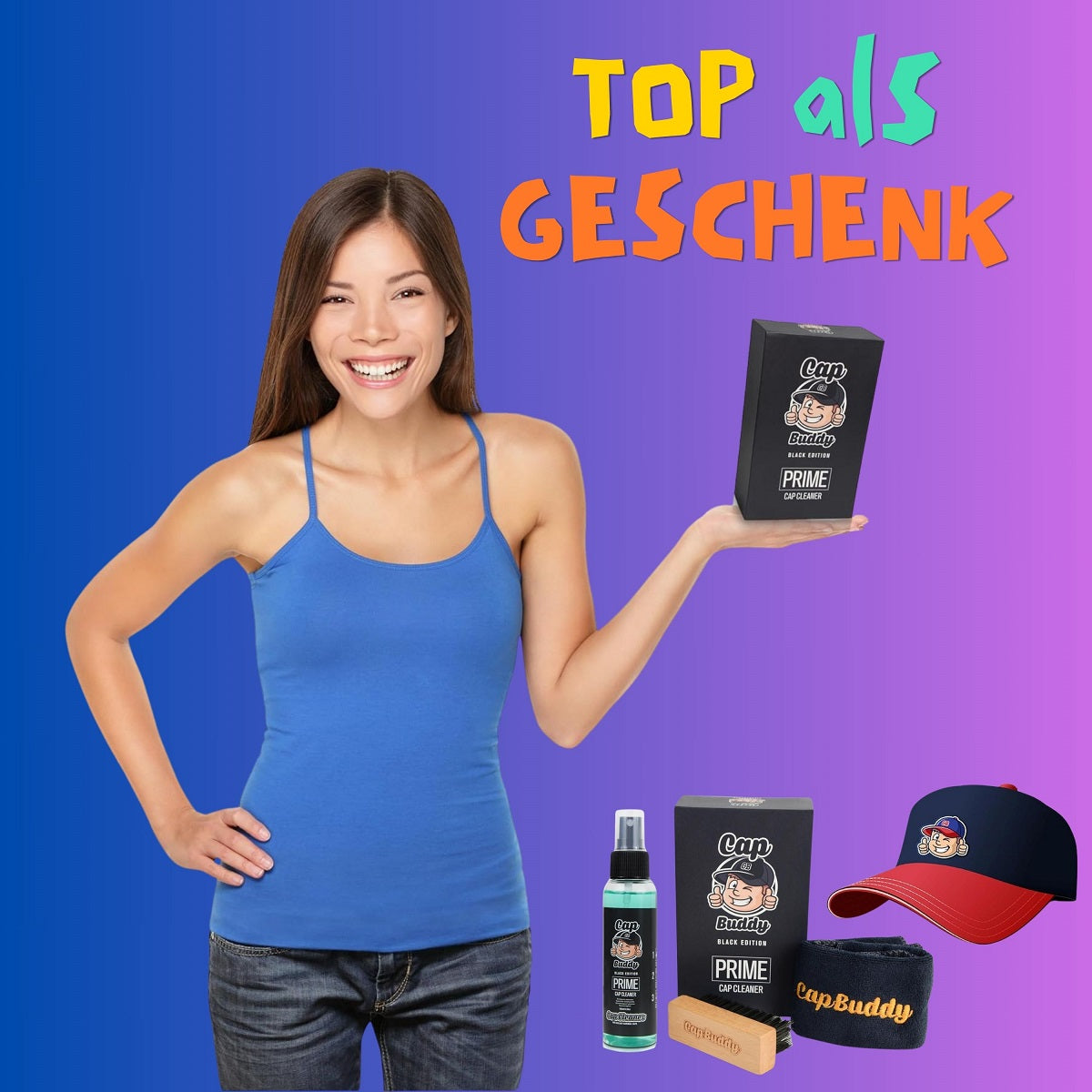 Cap Buddy Black Edition Kappen Reinigungsset – Premium Geschenkset mit Cap Washer Waschrahmen Schwarz, Flecken-Spray, Buchenholz-Bürste & Tuch