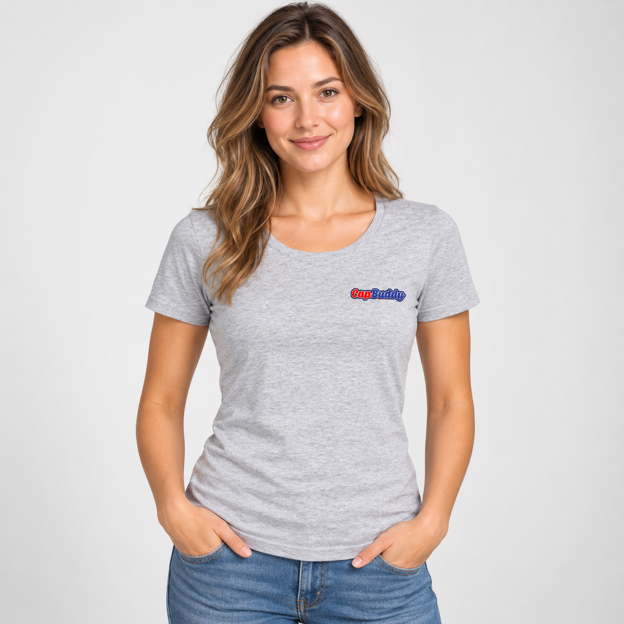 Cap Buddy Logo T-Shirt für Damen – Grau, 100 % Baumwolle