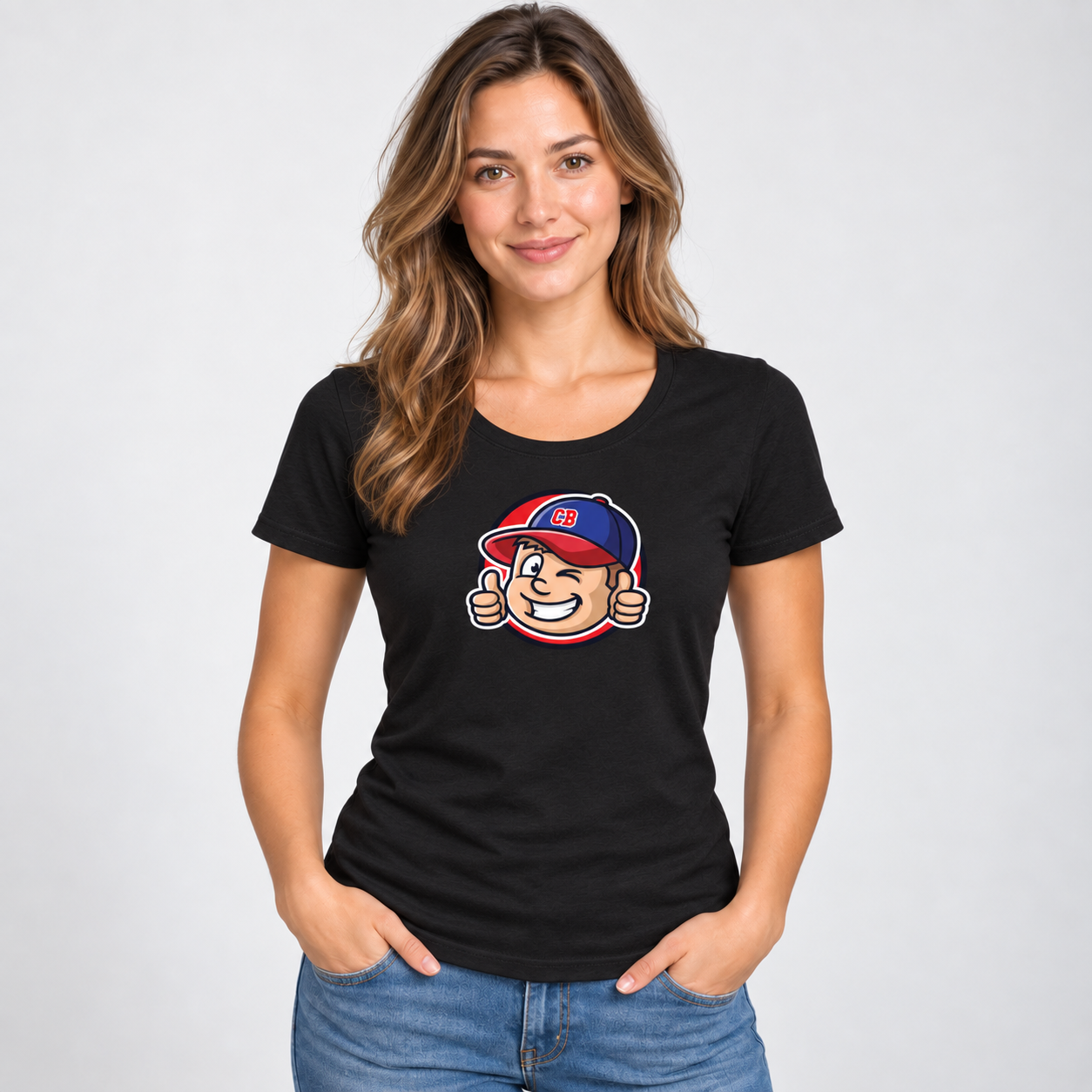 Cap Buddy Cirlce Mascot Logo T-Shirt für Damen – Schwarz 100 % Baumwolle