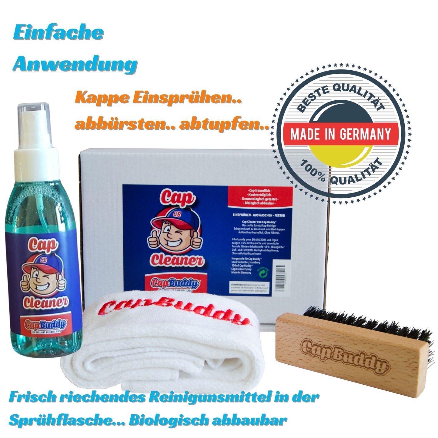 Cap Cleaner Set - Sprühflasche, Bürste und Tuch