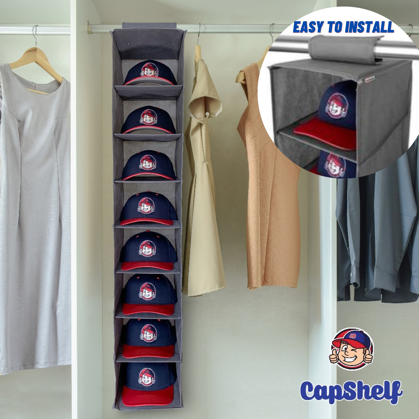 Capshelf - Kappenregal- Aufbewahrung für Schrank, Garderobe und Kleiderstange - Grau - Cap Buddy Shop